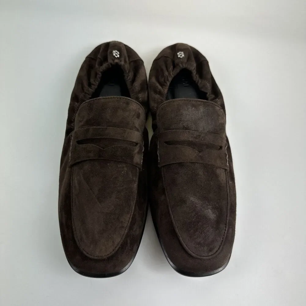 Simkhai Danna Suede Loafer Brown Ruched Heel Penny Flat Slip On Classic 38 7.5‎